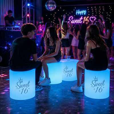 Custom LED Logo 16" Cylinder Stool - 16 Color Remote Control